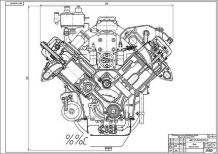 Чертеж двигателя ЯМЗ-236 в поперечном разрезе