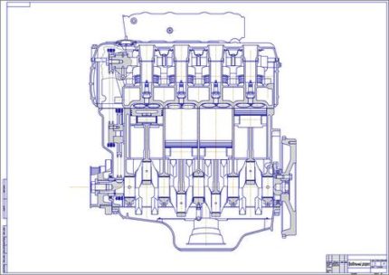 Чертеж двигателя ЗМЗ-409 в продольном разрезе