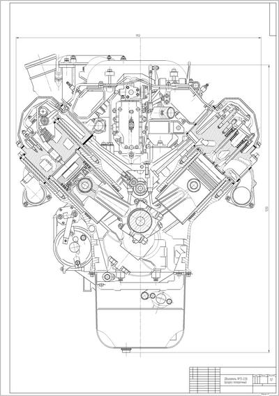 Чертеж двигателя ЯМЗ-238 в поперечном разрезе
